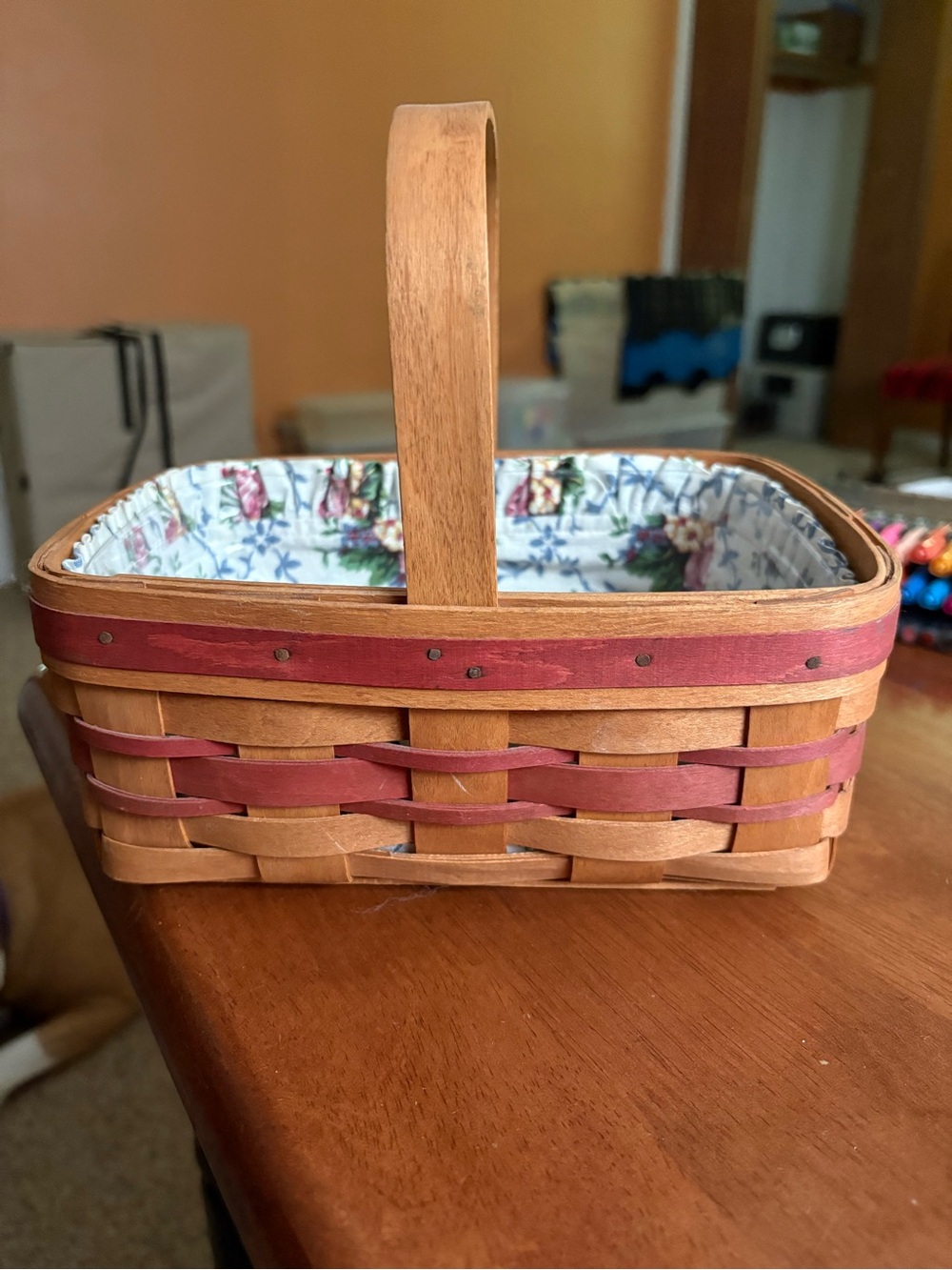 Longaberger Natural and Red Woven Handled Basket with Liner
